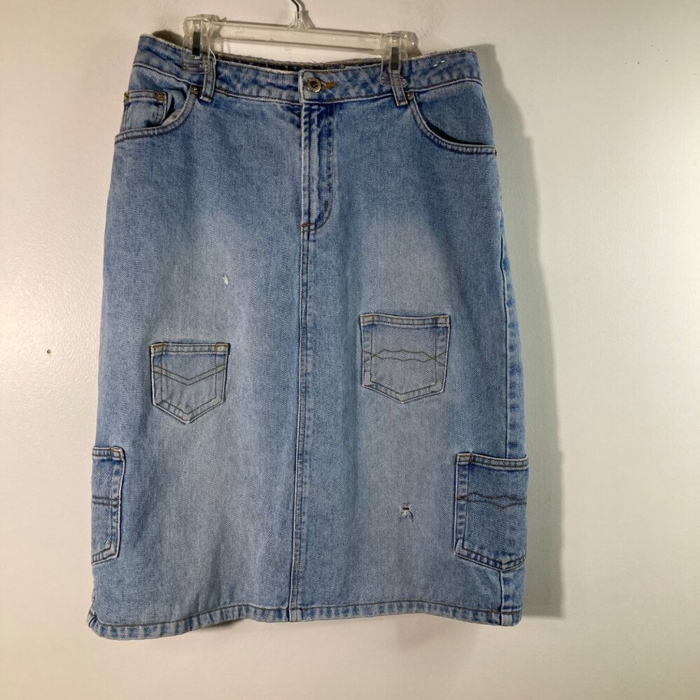 Womens Vintage‎ Carolina Blues Distressed Denim Knee Length Skirt 10 Blue Cotton